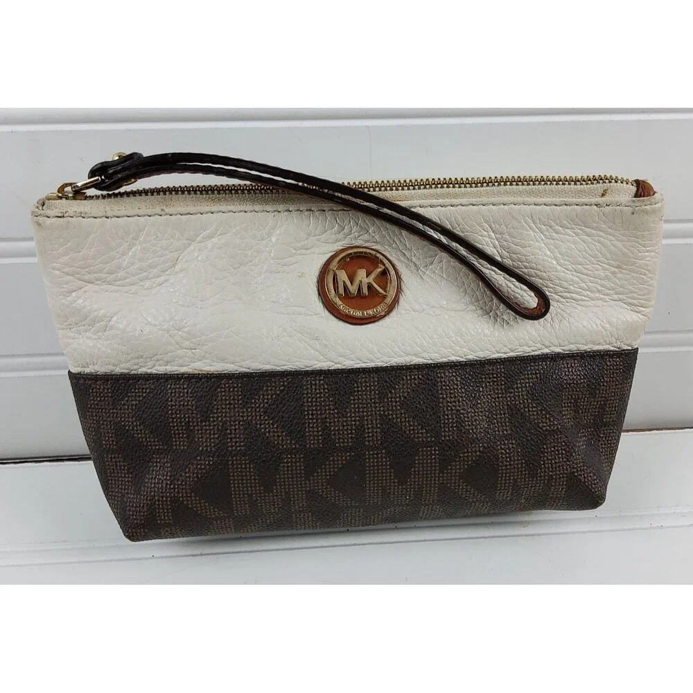 Michael Kors MK Signature Leather Trim Wristlet Pouch Clutch Wallet Bag